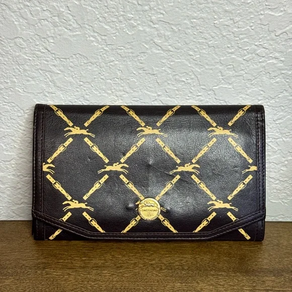 Vintage Longchamp Brown Logo Print Leather Clutch Bag Wallet - Picture 1 of 12